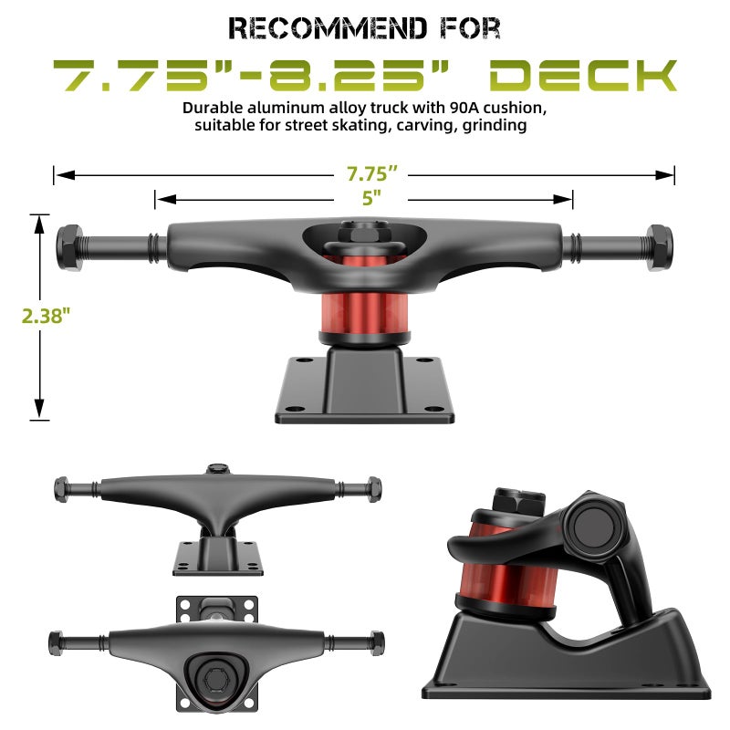 Jizmo Skateboard Trucks, Fits 7.75-8" Deck, Wheels 52mm, Bearings ABEC-9, Skateboard Pads, Hardware Tool Combo Starter Set - Black - Image 2